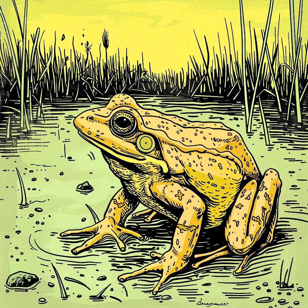 An illustration of a bullfrog in the swamps