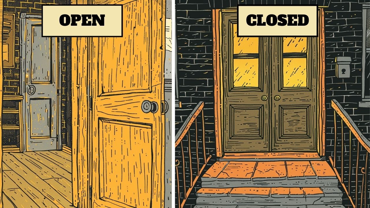 An image with open doors (left side) and closed doors (right side)