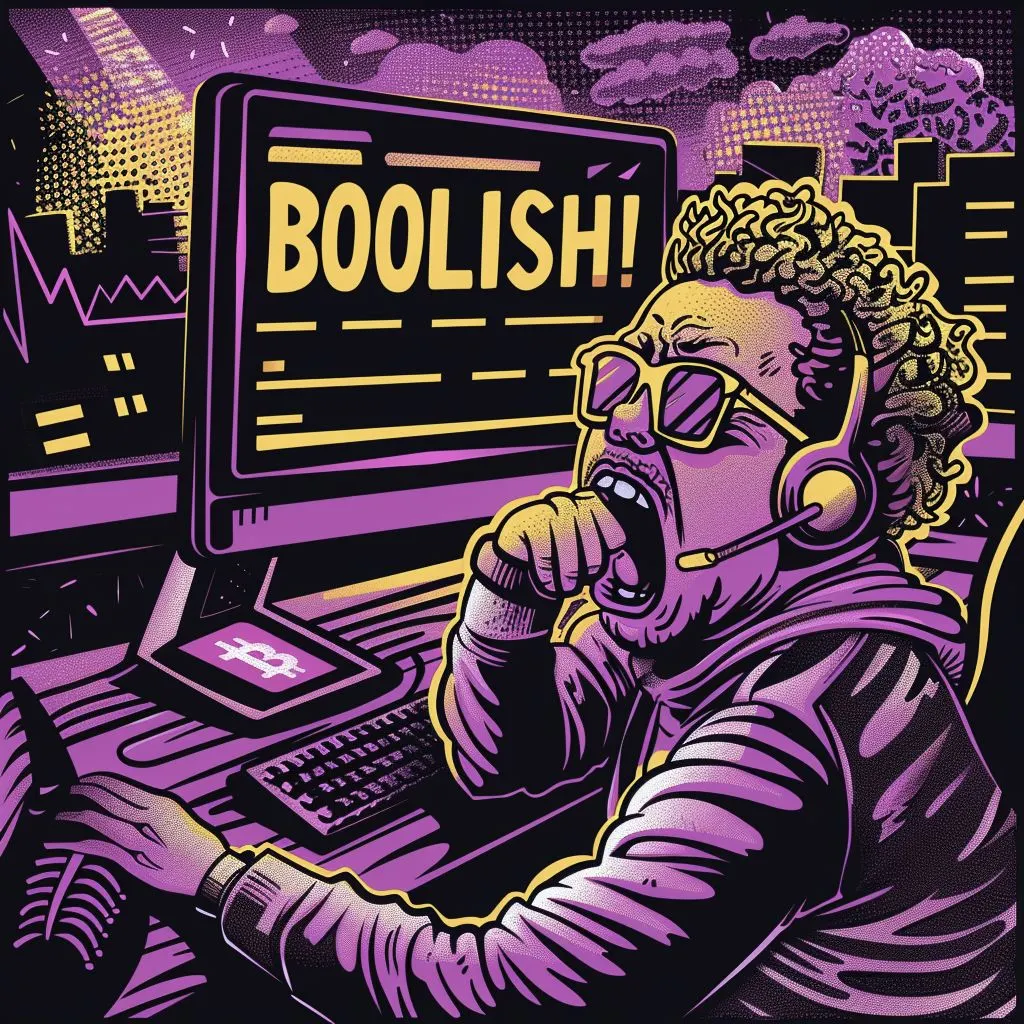 A super excited crypto investor in front of the computer with the screen saying "Boolish"