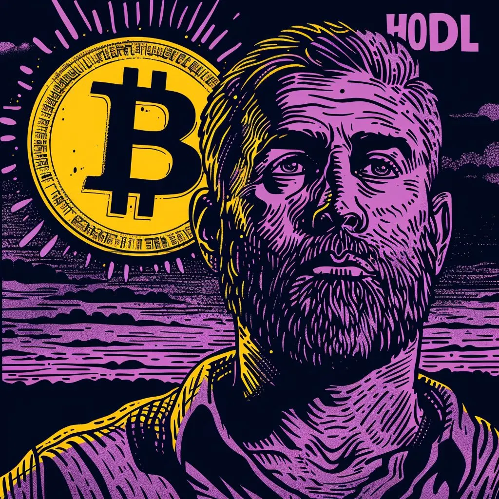 A confident crypto investor with the text "HODL" in the background
