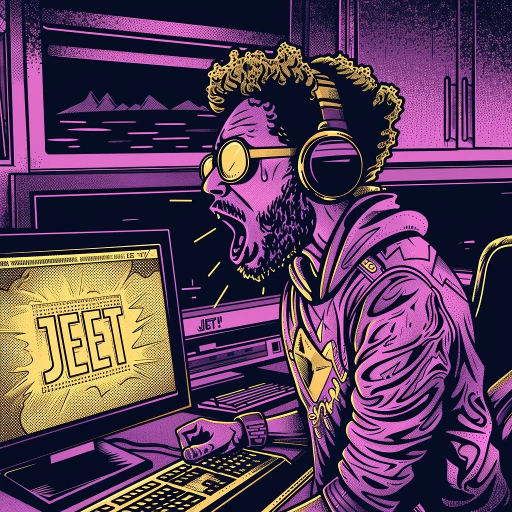 A screaming crypto enthusiast in front of the computer with the screen saying "Jeet"