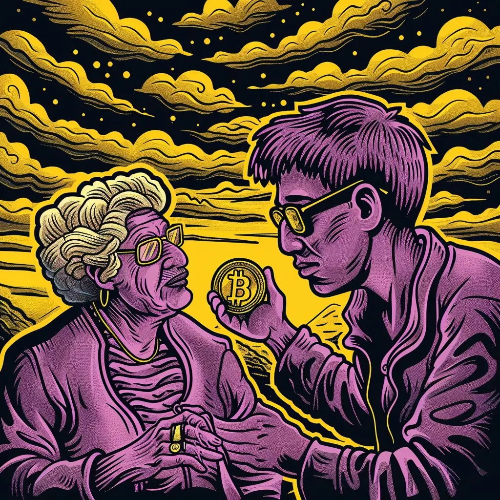 An illustration of a crypto investor giving his grandma a bitcoin