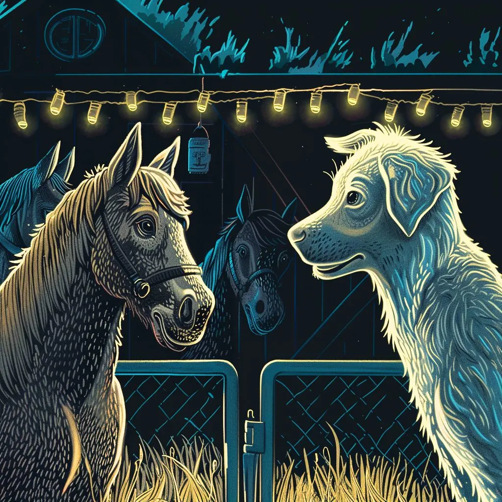 The image shows a dog and a pony looking at each other