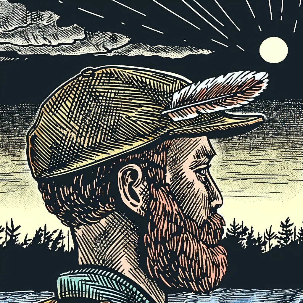 The image shows a rugged traveler with a feather in his cap