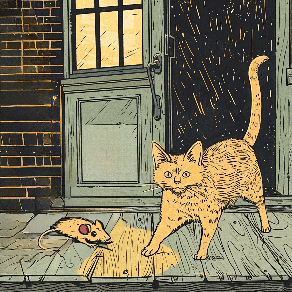 A cat in front of a house with a mouse representing the meaning of the idiom "Look what the cat dragged in"