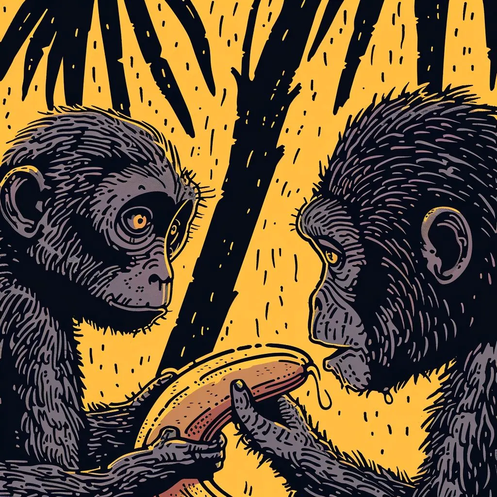 One monkey learning from another monkey (with banana in hand)