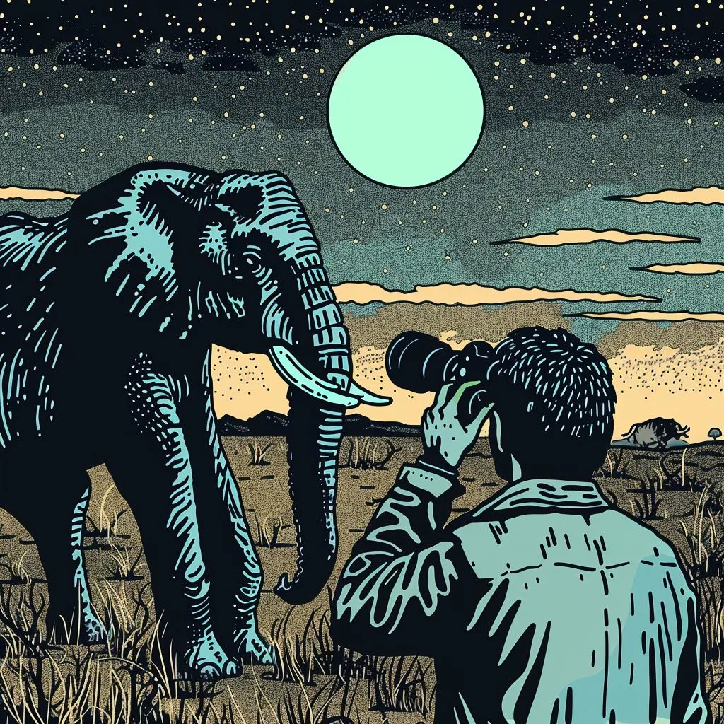 A man watching an elephant through a binocular