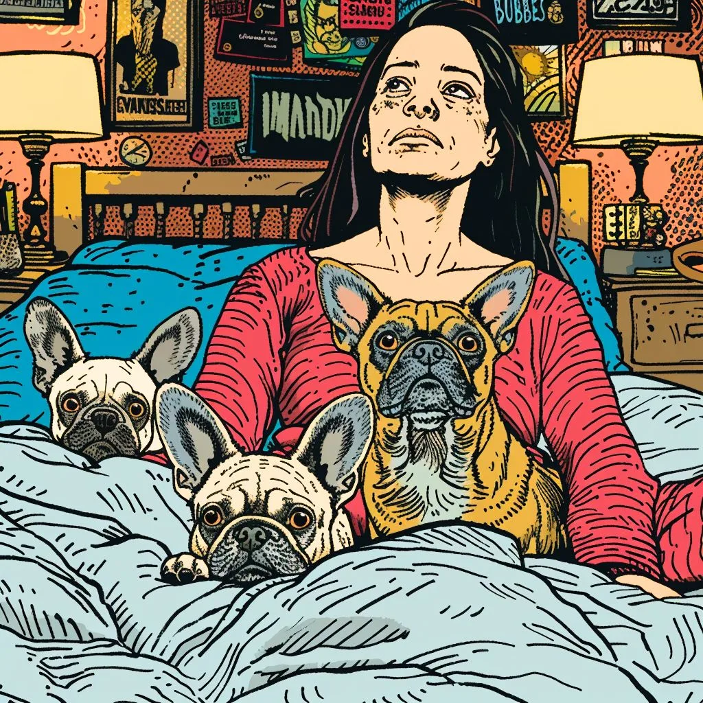 The image shows a person in bed with 3 dogs surrounding here