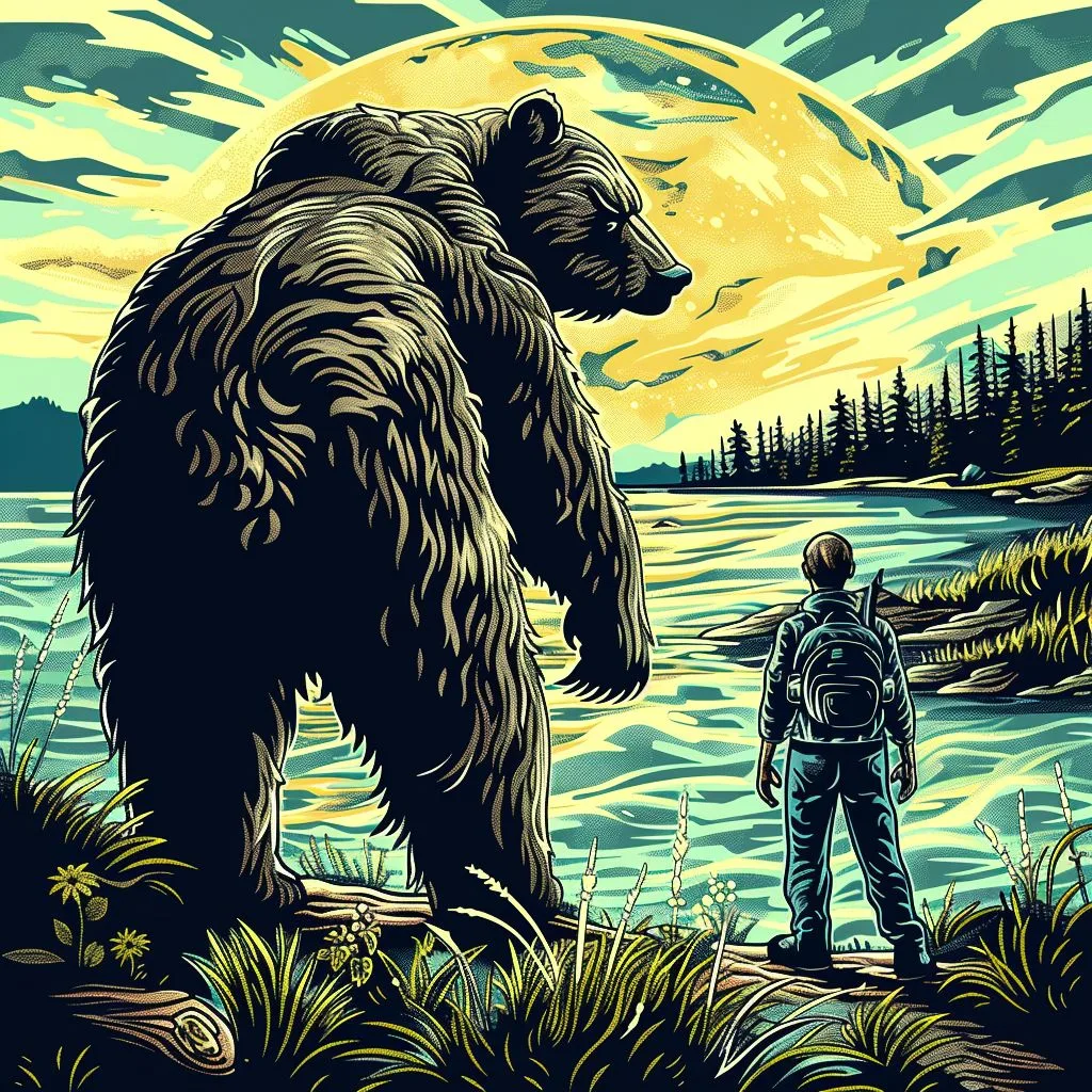 An illustration of a person behind a bear