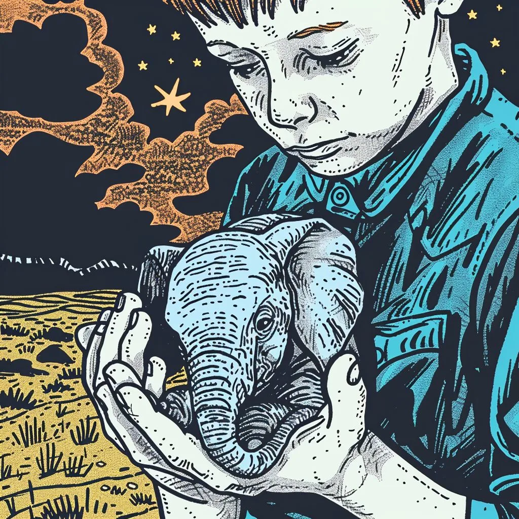 A boy with an elephant in the palm of his hands