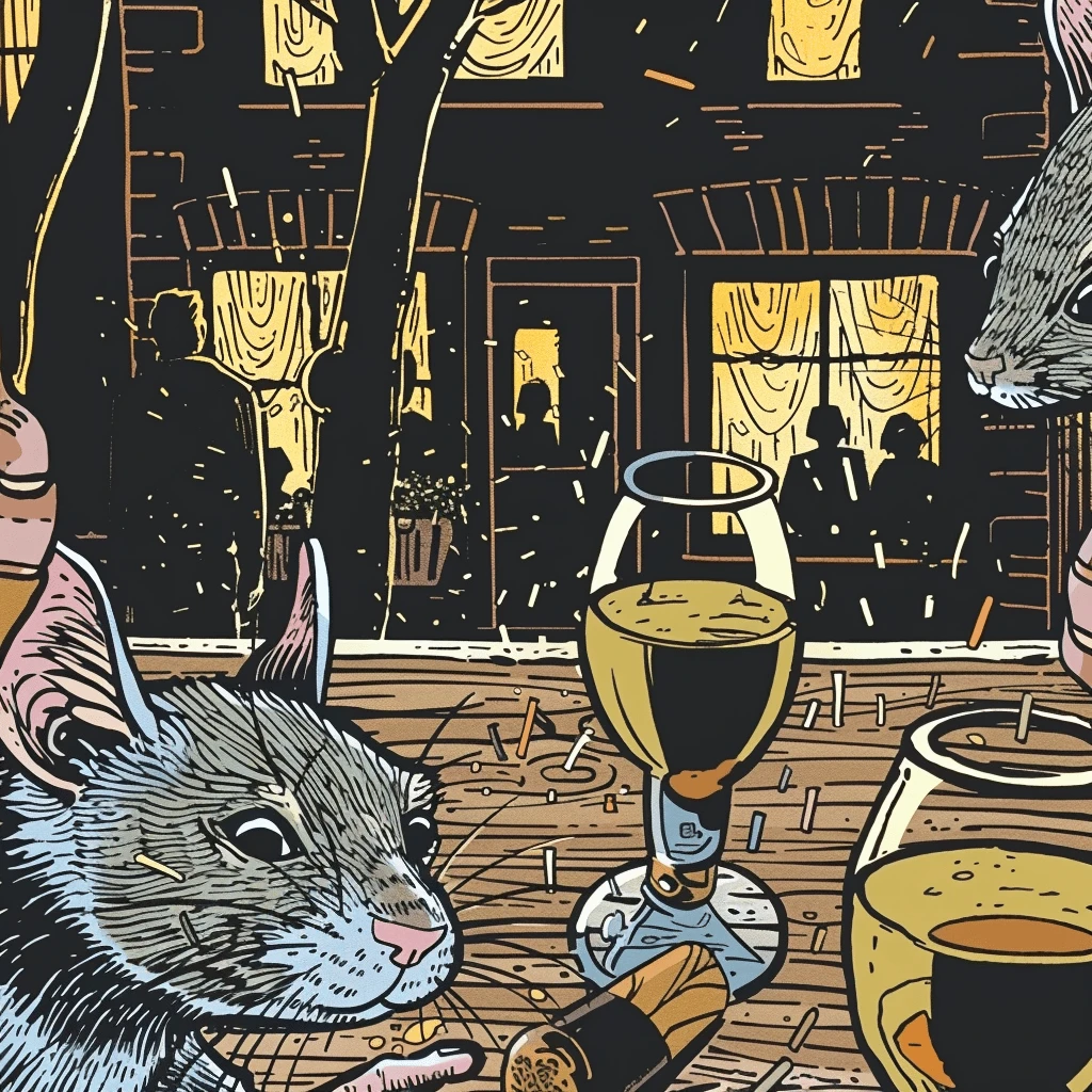 A mouse having a party with some drink representing the meaning of "When the cat's away, mice will play"