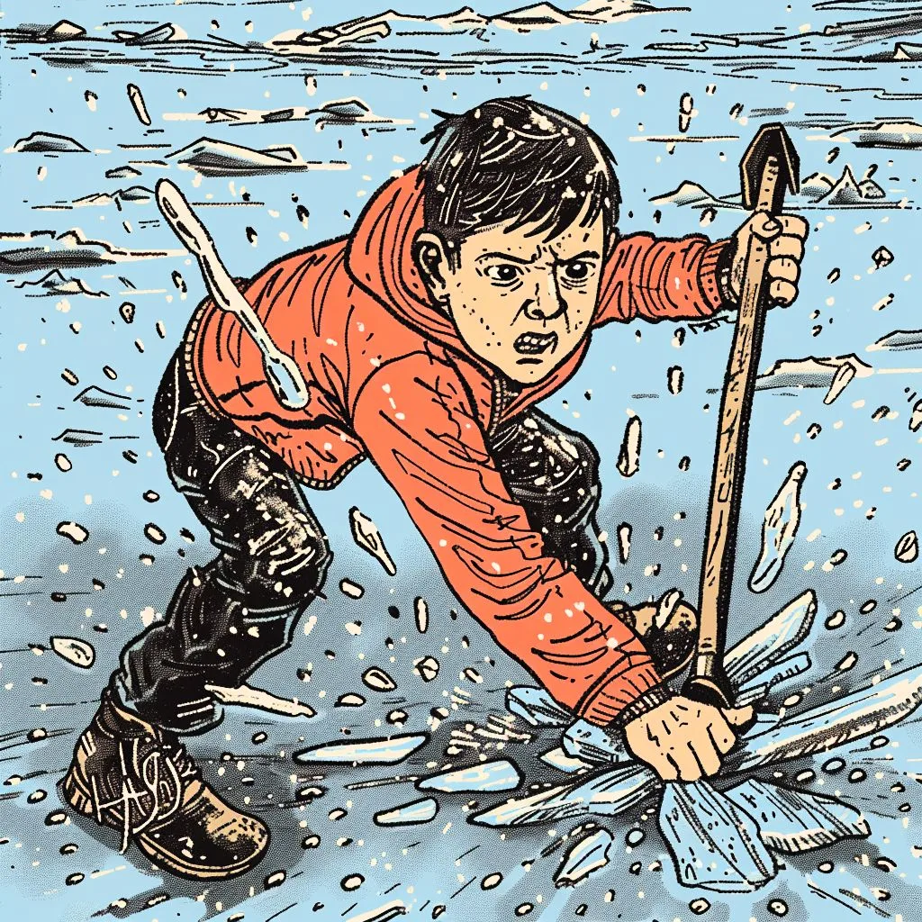 A Boy Breaking the Ice with Some Sort of Ice Pick