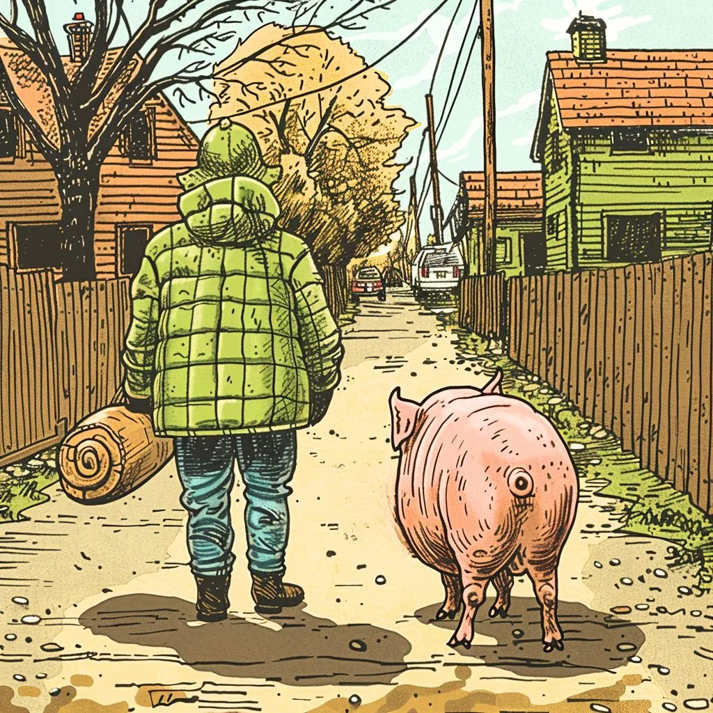 A Man Walking Home with a Pig