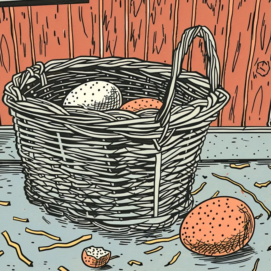 A Basket with Eggs Inside and a Single Egg Besides the Basket
