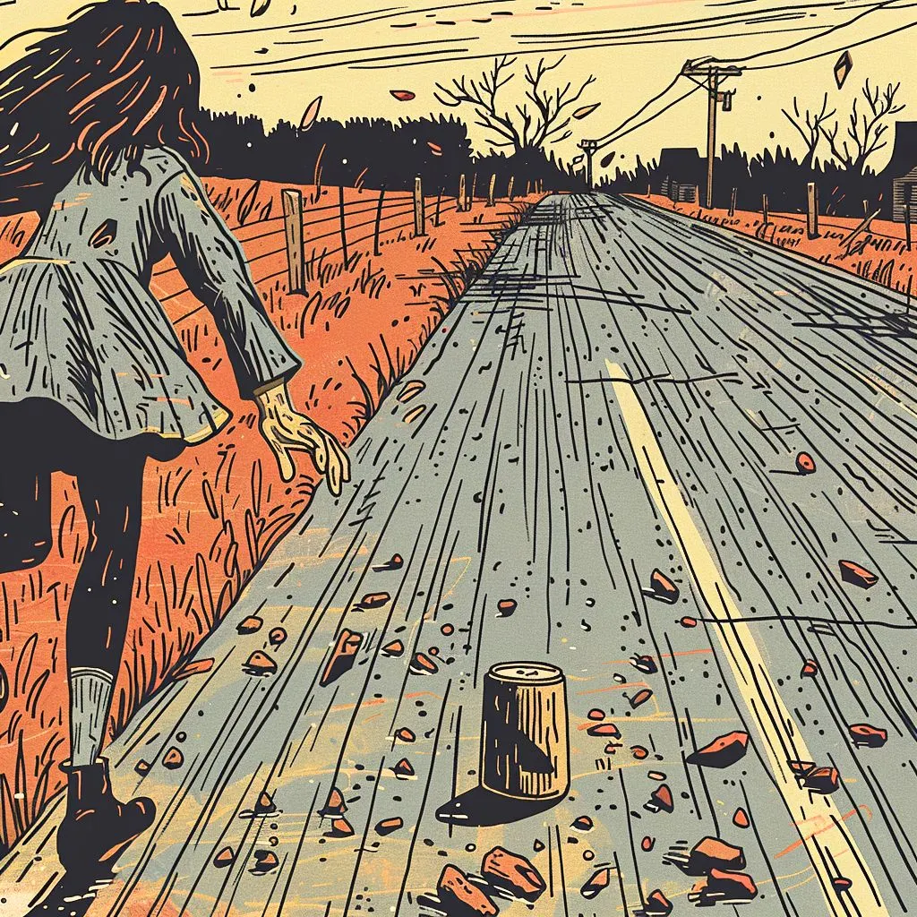 A Girl Kicking a Can Down the Road