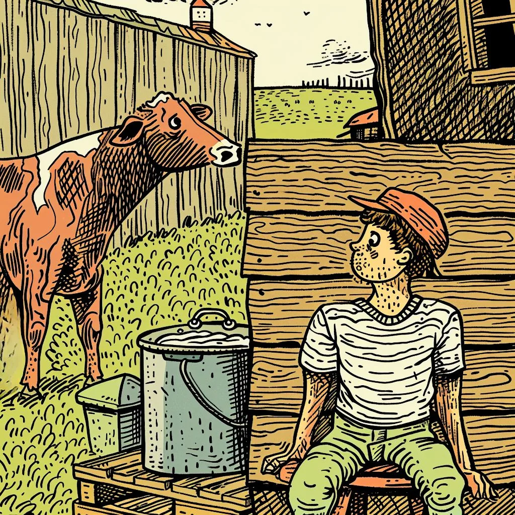 A boy on a milking stool in the foreground and a cow in the background