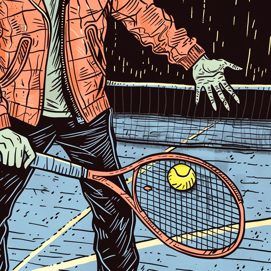 A Guy Playing Tennis with the Tennis Ball About to Touch the Racket