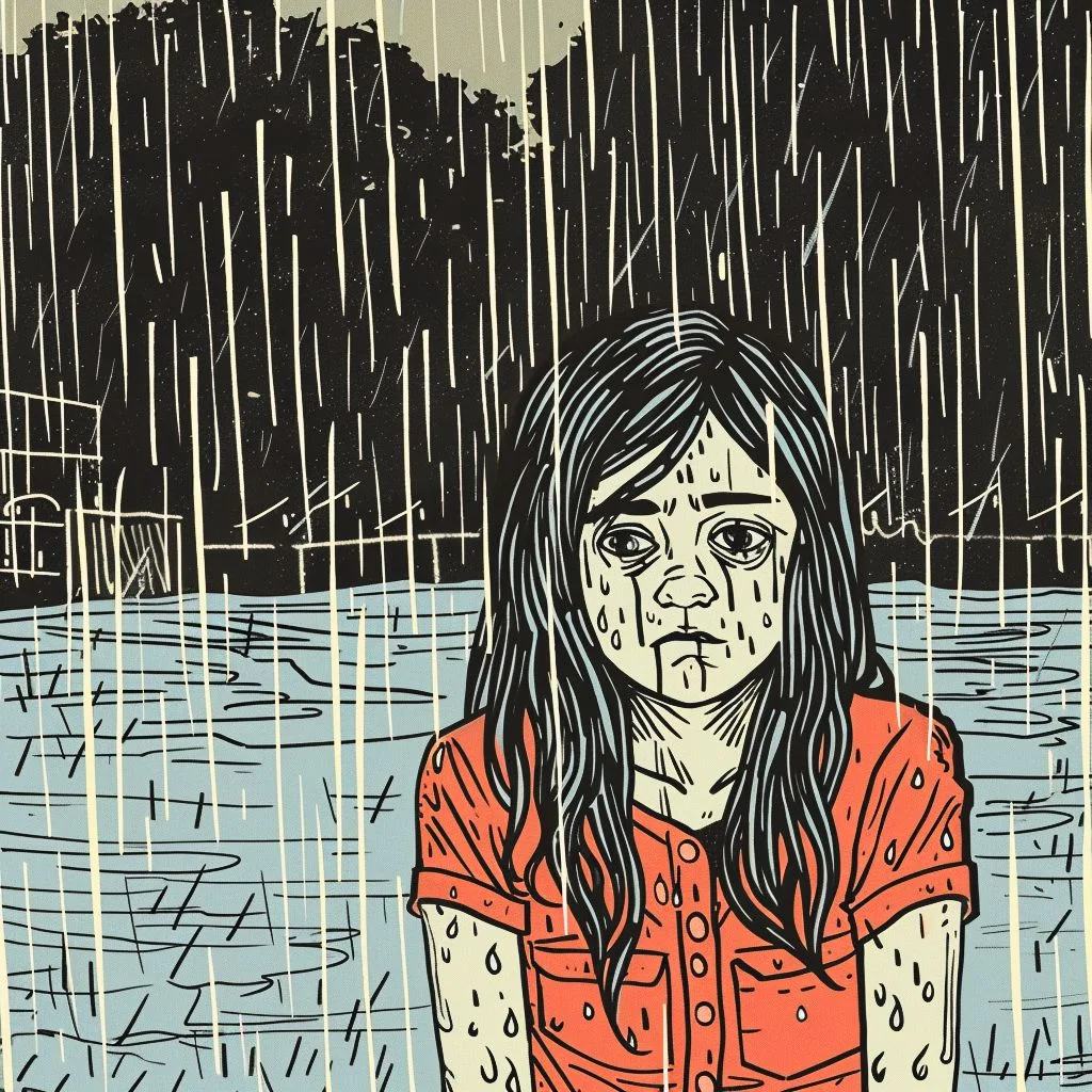 A Girl Standing in Heavy Rain