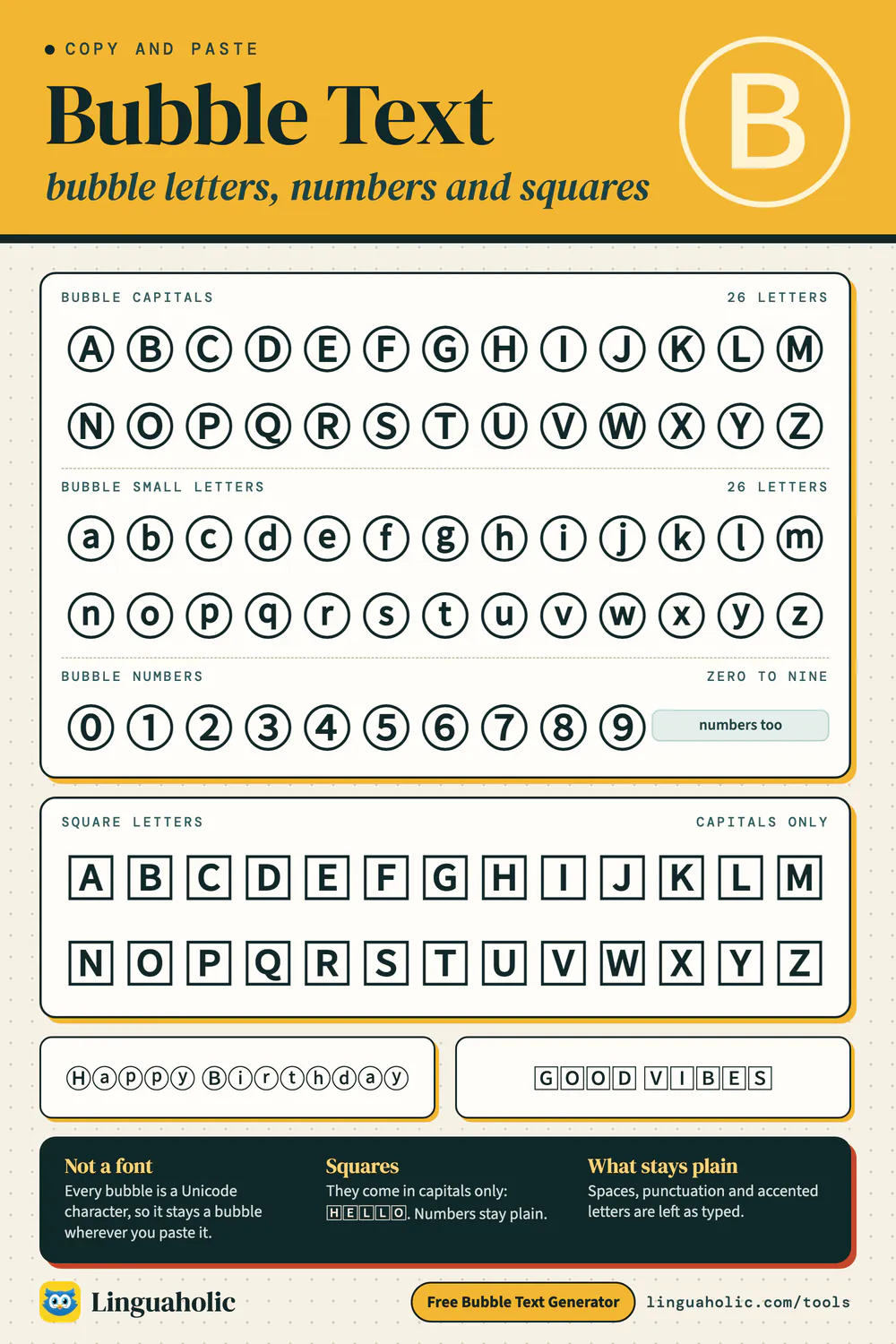 Chart of bubble letters to copy: circled capital letters, small letters and numbers 0 to 9, plus square capital letters