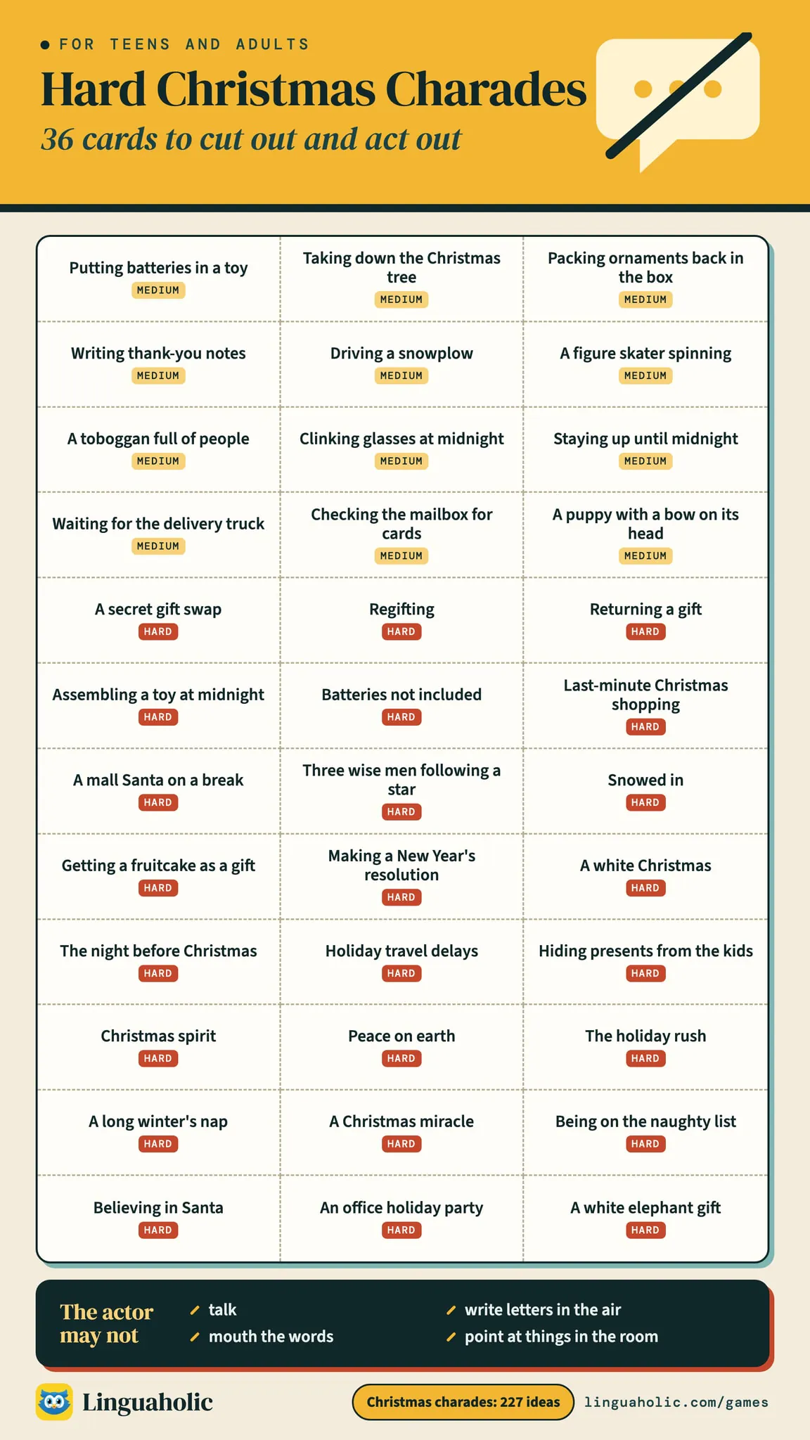 Printable sheet of 36 hard Christmas charades cards to cut out, 12 medium and 24 hard, each marked with its level, with what the actor may not do