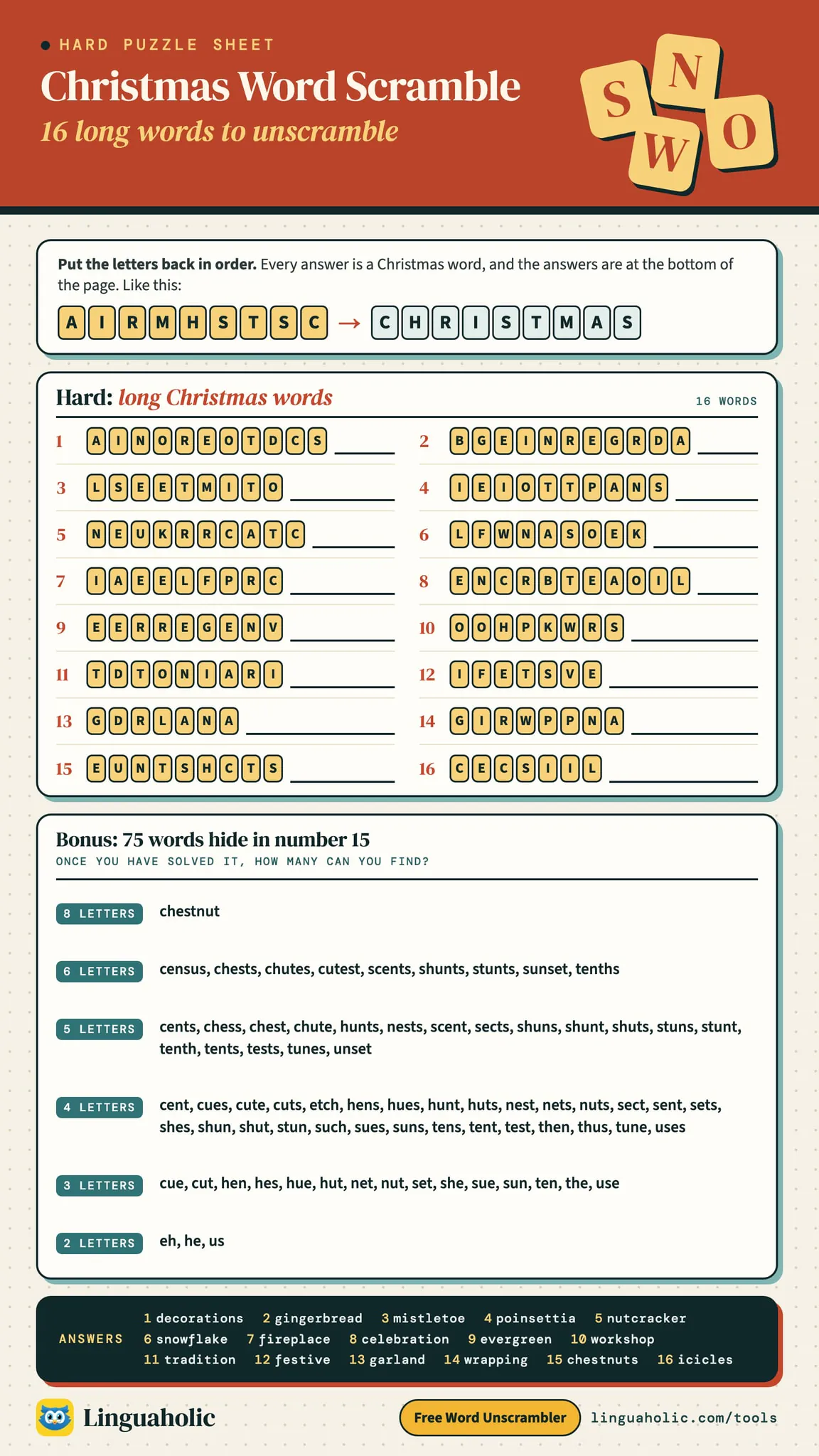 Christmas word scramble with 16 long words: each word is drawn as letter tiles in mixed-up order next to a line for the answer, such as BGEINREGRDA for gingerbread, with all the answers at the bottom, and a bonus list of the 75 words hidden in one of the answers