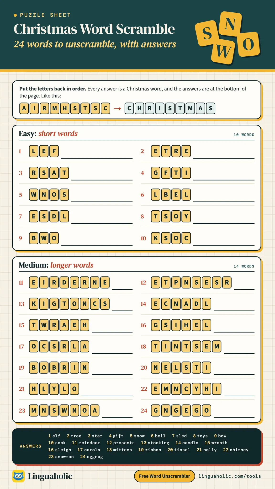 Christmas word scramble with 24 words in two levels: each word is drawn as letter tiles in mixed-up order next to a line for the answer, such as ETRE for tree, with all the answers at the bottom