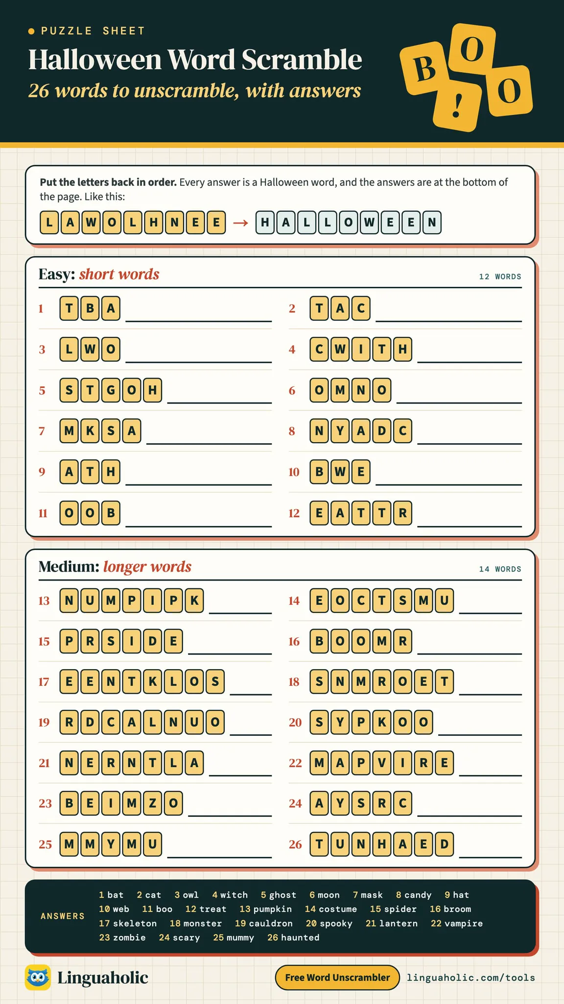 Halloween word scramble with 26 words in two levels: each word is drawn as letter tiles in mixed-up order next to a line for the answer, such as TAC for cat, with all the answers at the bottom