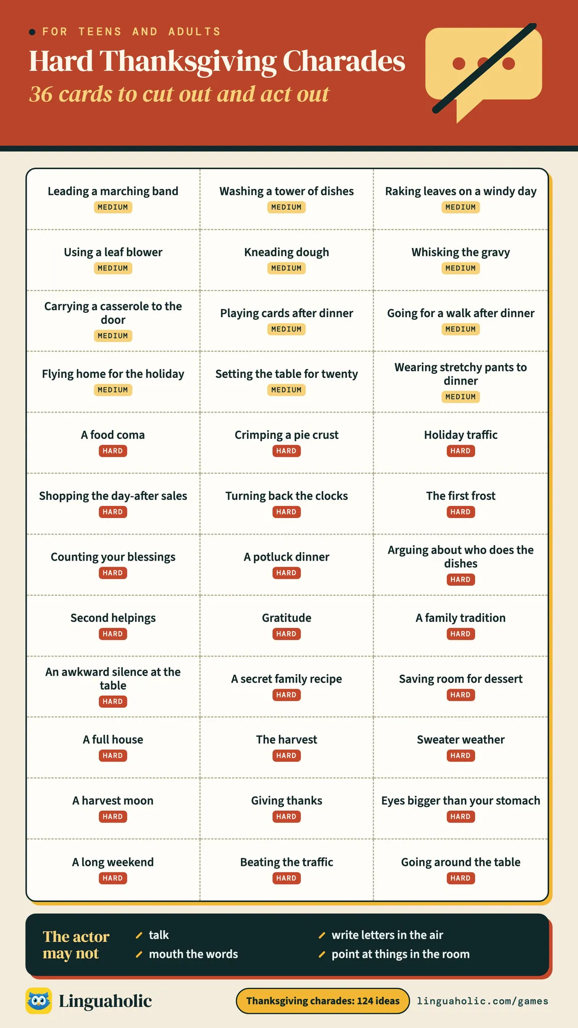 Printable sheet of 36 hard Thanksgiving charades cards to cut out, 12 medium and 24 hard, each marked with its level, with what the actor may not do