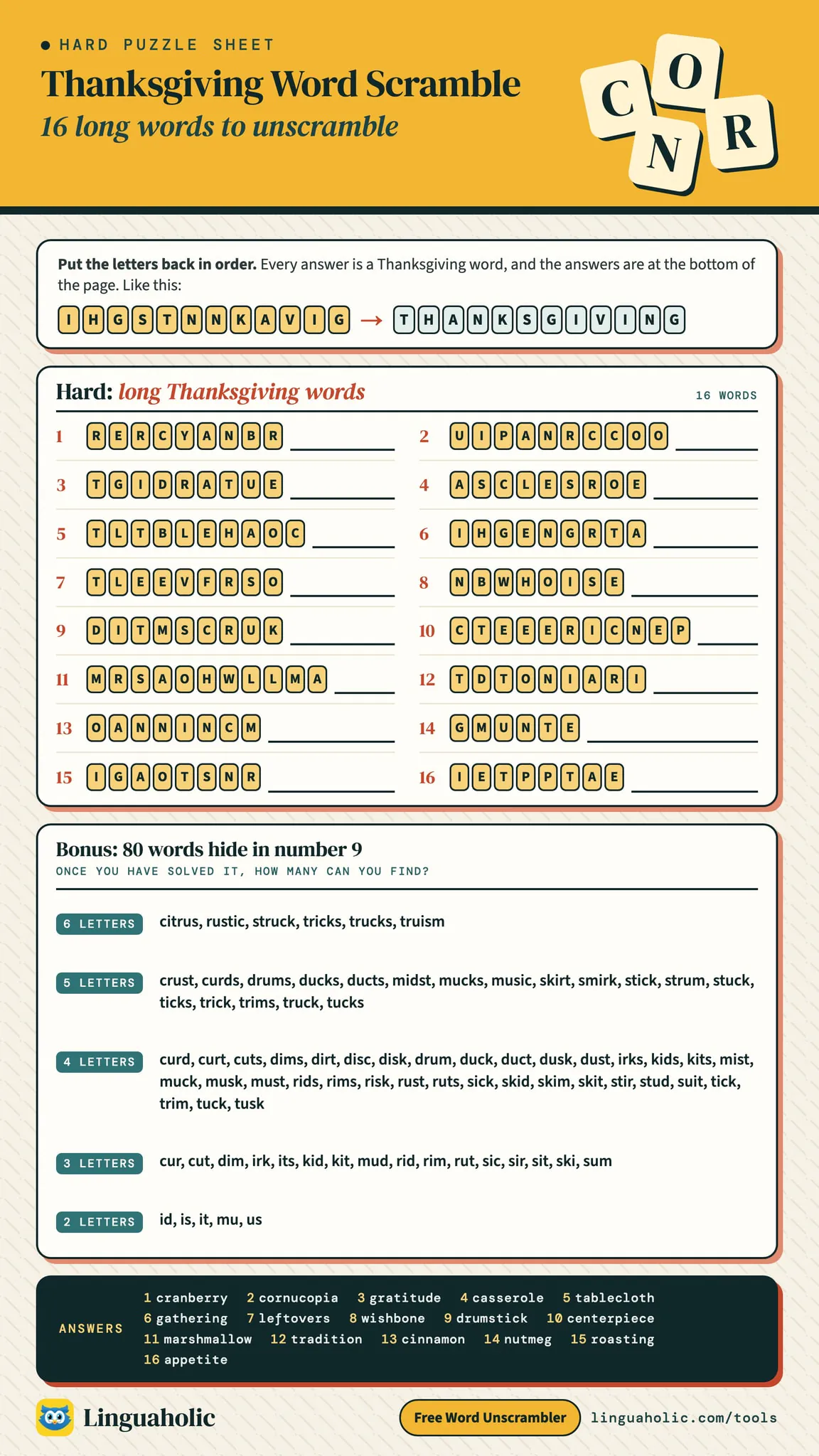 Thanksgiving word scramble with 16 long words: each word is drawn as letter tiles in mixed-up order next to a line for the answer, such as UIPANRCCOO for cornucopia, with all the answers at the bottom, and a bonus list of the 80 words hidden in one of the answers