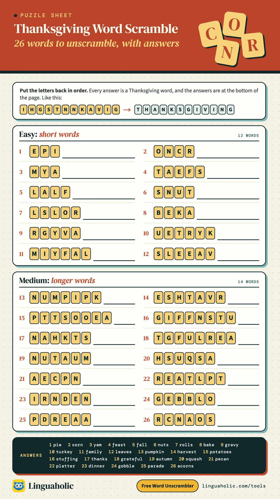 Thanksgiving word scramble with 26 words in two levels: each word is drawn as letter tiles in mixed-up order next to a line for the answer, such as ONCR for corn, with all the answers at the bottom
