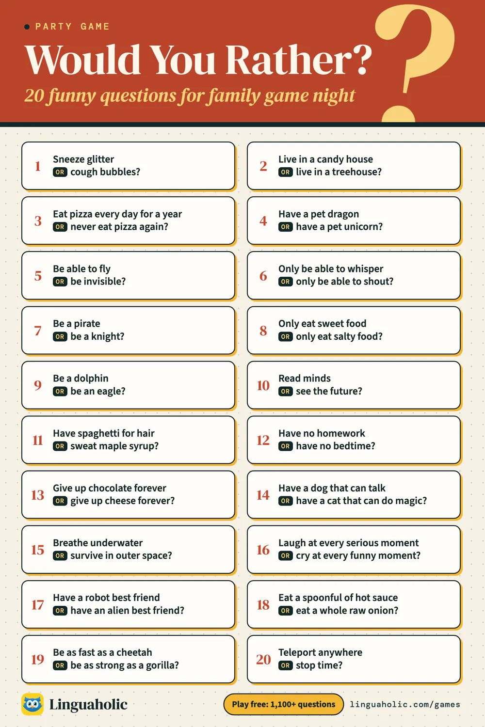 List of twenty funny Would You Rather questions for kids and families